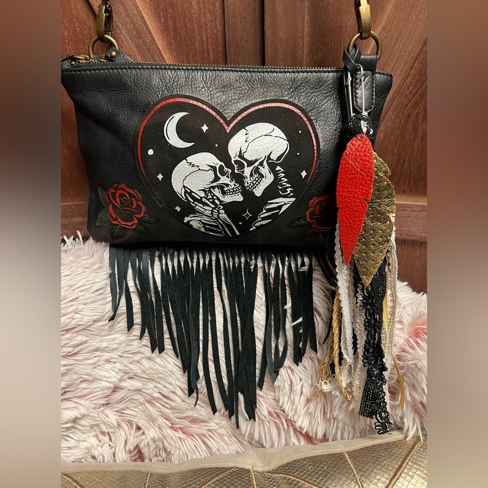 Lucky Brand Women's Black hand painted Skull fringe Crossbody Bag Western Punk